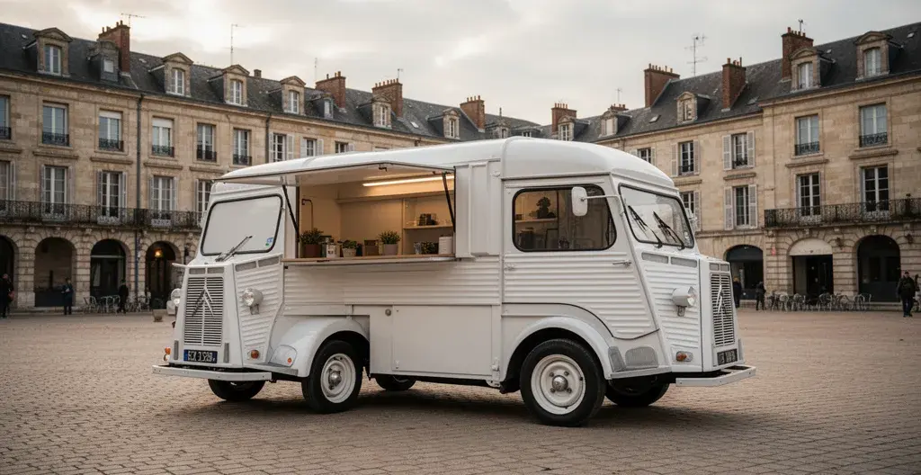 Camion crêperie blanc style vintage stationné sur une place de village française