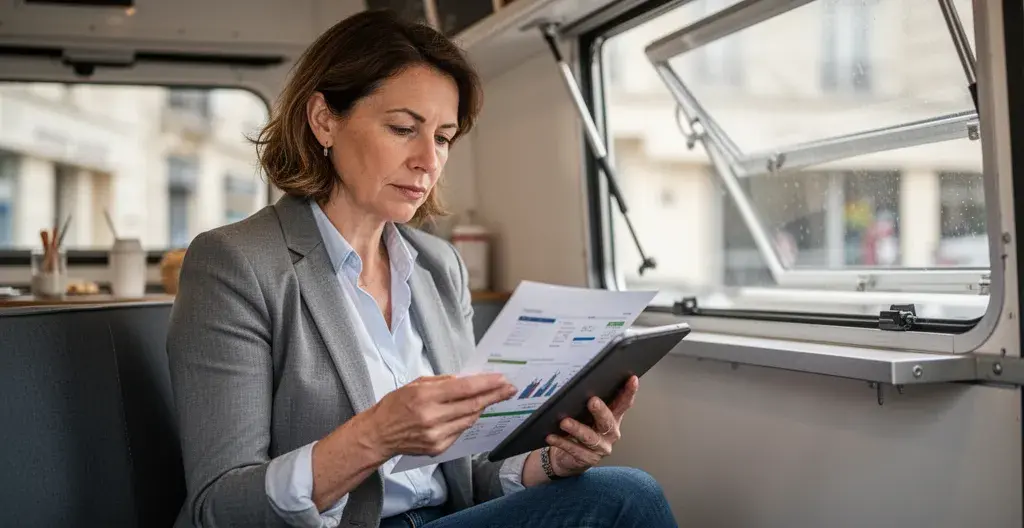 Entrepreneure consultant ses chiffres sur tablette pendant une pause dans son camion crêperie