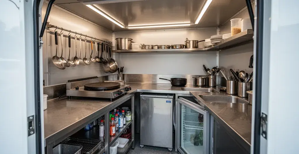 Intérieur aménagé d'un camion crêperie avec crêpière professionnelle et plan de travail inox